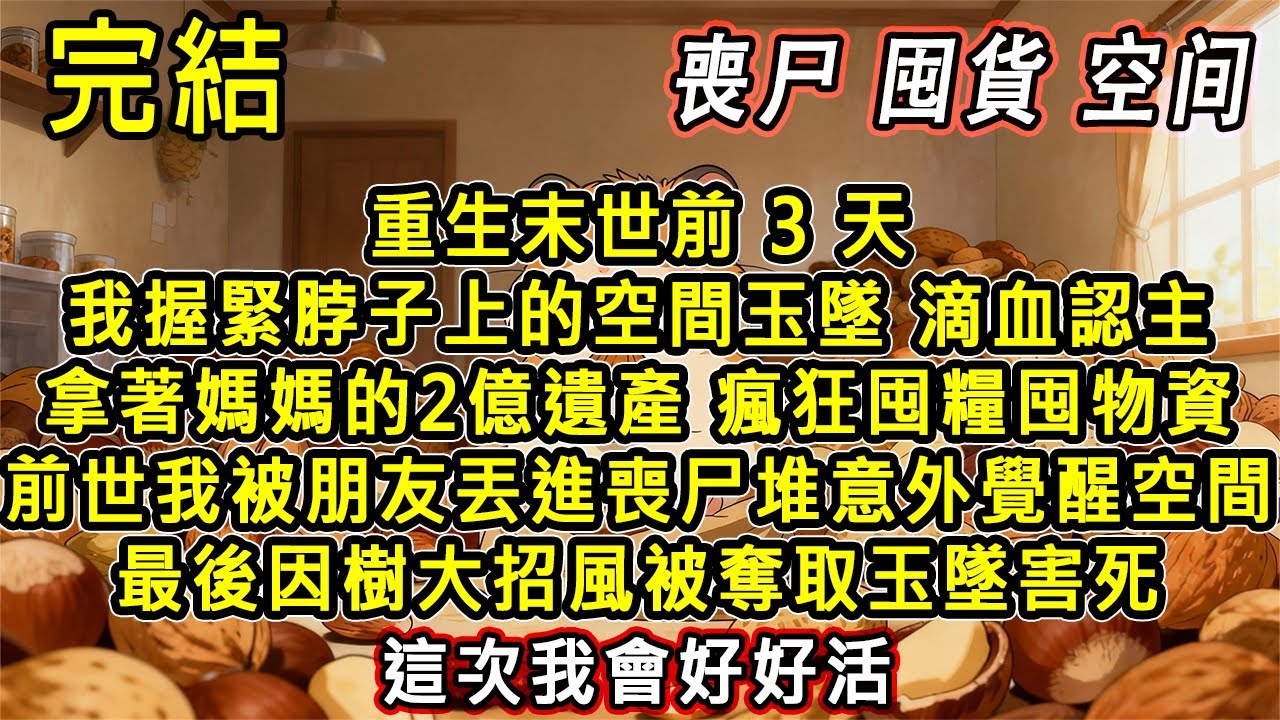 【完結/囤資】重生後我握緊脖子上的空間玉墜滴血認主，拿著媽媽的2億遺產瘋狂囤貨。前世我被朋友背叛丟進喪尸堆意外覺醒空間，最後因樹大招風被奪取玉墜大卸八塊而死。這次我會好好活#末世 #小說 #完結