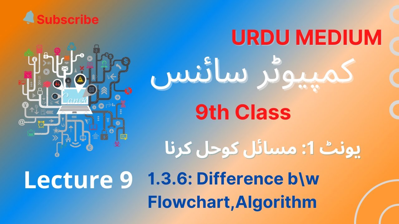 9 class computer science diff b/w flowchart, algorithm in urdu - YouTube