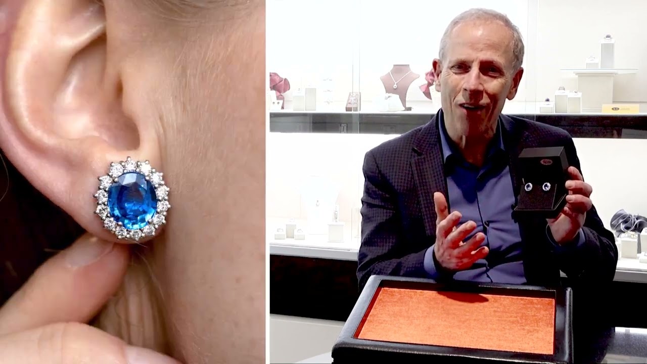 7.30ct Blue Ceylon Sapphire and 1.12ct Diamond, 18ct White Gold Cluster Earrings - Circa 1990
