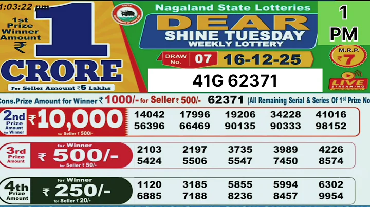 Dear shine Tuesday weekly lottery result today 1pm - 16/12/25 - nagaland state lotteries.
