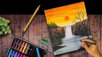 EASY NATURE WATERFALL DRAWING✨| STEP BY STEP NATURE DRAWING BY OIL PASTELS | OIL PASTEL DRAWING