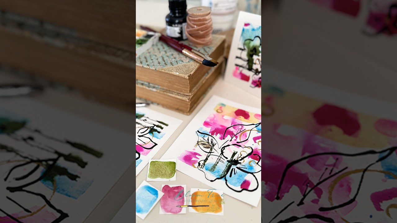 Mini Abstracts in a Grid: Bright Abstract Watercolor with Inky Florals - Terri Conrad of Bloom True