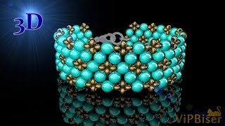 Simple Beaded Bracelet with Turquoise Beads. 3D Beading Tutorial