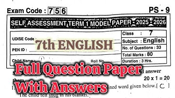 7th 💯ENGLISH SA Term-1 Full Question Paper with Key 🔐| 7th 💯ENGLISH Self Assessment Term-1 Paper Key