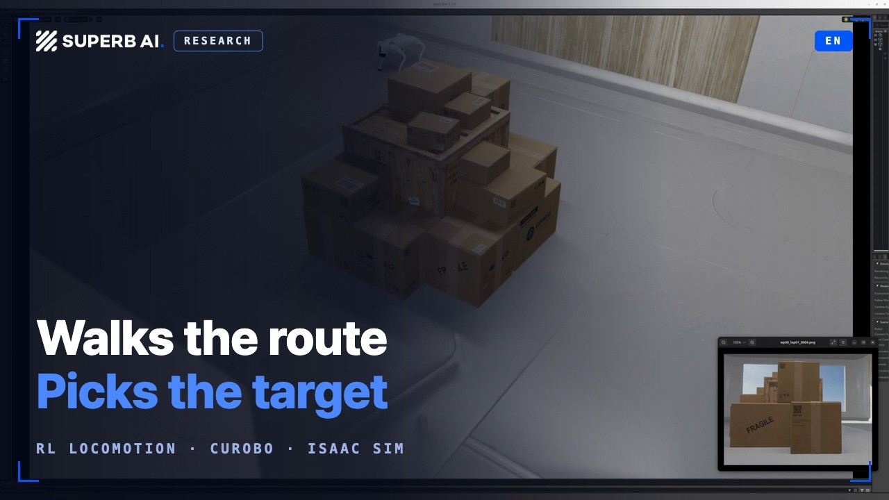 Quadruped Patrol + Manipulation in Isaac Sim: RL Locomotion + cuRobo Planning | Superb AI