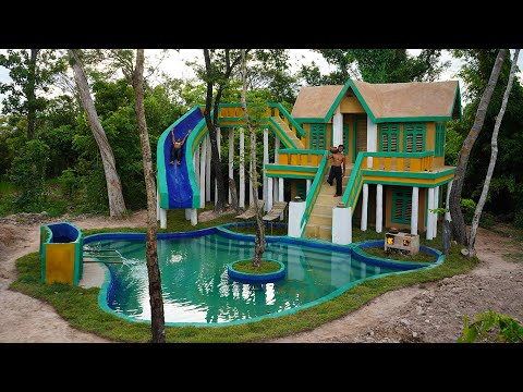 They reBushcraftInWildOfB Build The Most Pretty Mud 2 Story House And Waterpark Slide into Underground Swimming Pool Design