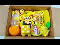 💛 yellow stationery items, lipstick eraser, pencil box, school stationery items, toy collection