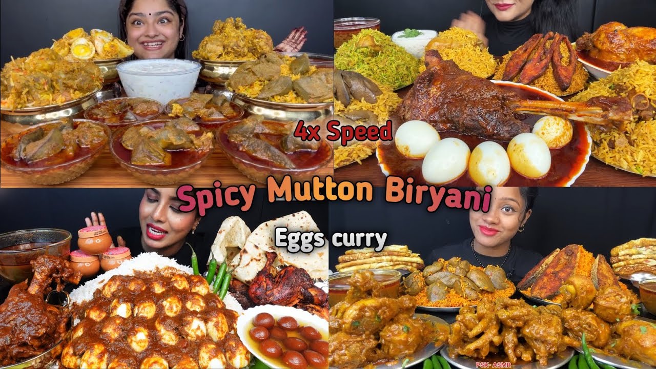ASMR:Eating Spicy Mutton Biryani leg🍗🤤spicy eggs curry, fish biryani, egg biryani, eating, mukbang