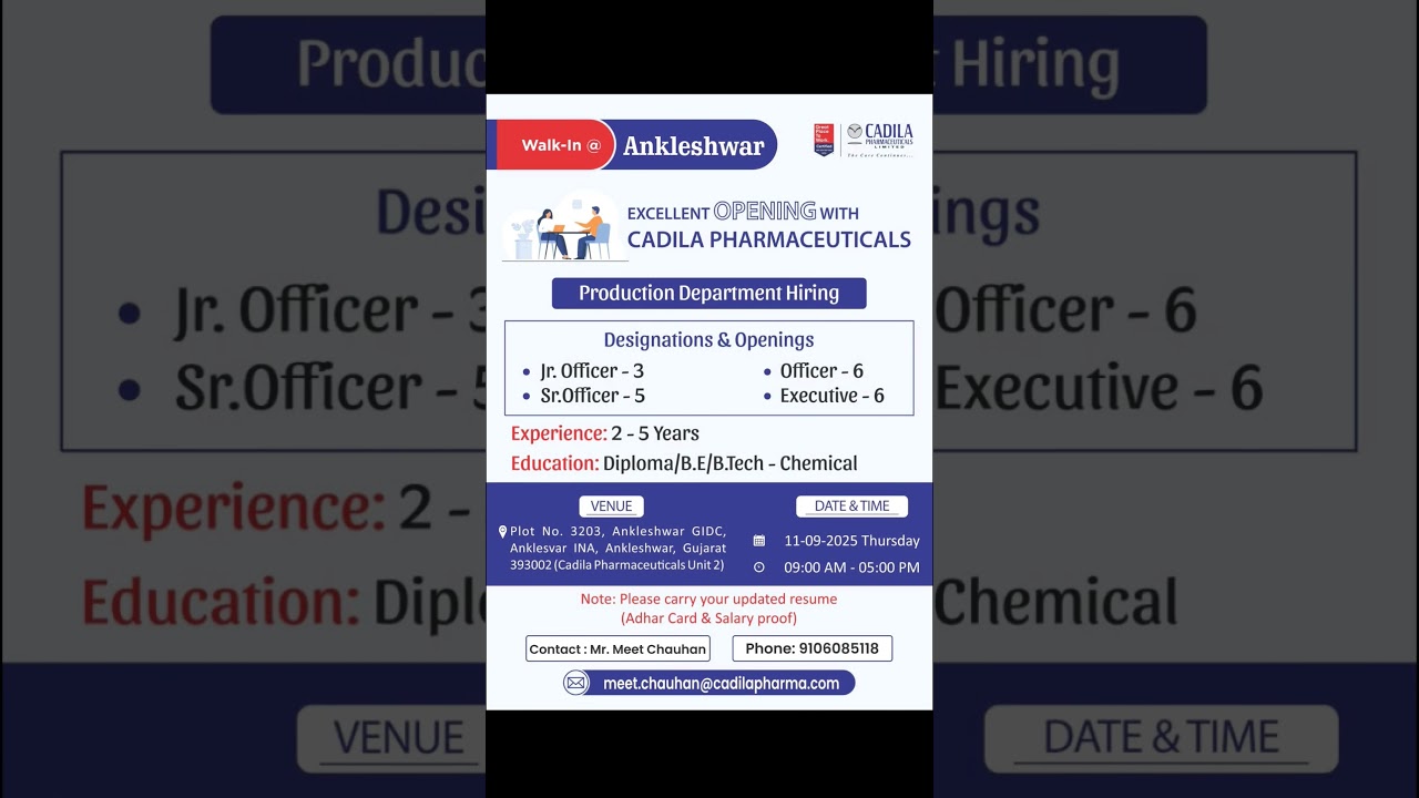 cadila Pharma Walk in Interview for Production 
