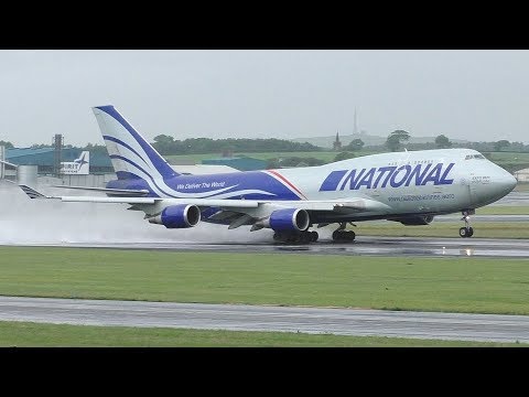 National Airlines Boeing 747-400 Wet & Long Takeoff at Prestwick Airport