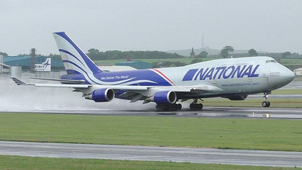 National Airlines Boeing 747-400 Wet & Long Takeoff at Prestwick Airport