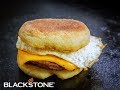 Breakfast Sausage, Egg, and Cheese on a Homemade English Muffin on the Blackstone Griddle