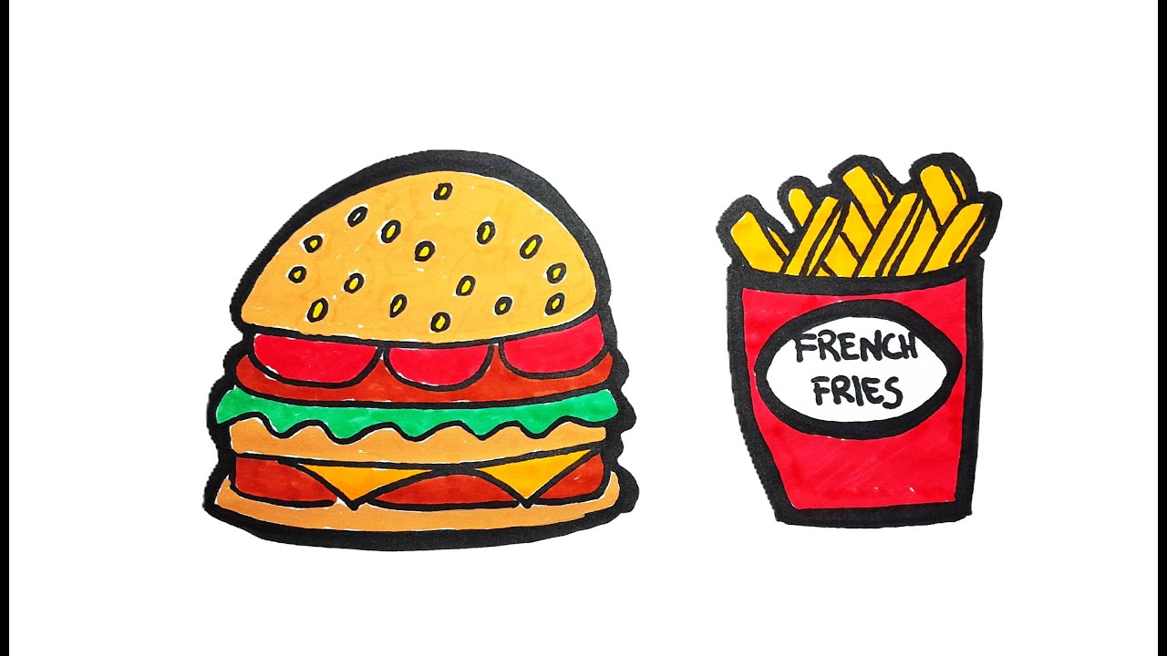 How to Draw a Burger and Fries | Drawing Easy Step by Step Tutorial |Drawing Burger and Fries