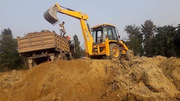 Village Area Working Mood JCB Backhoe  (Dozer Loading Soil In Tripper Dump)