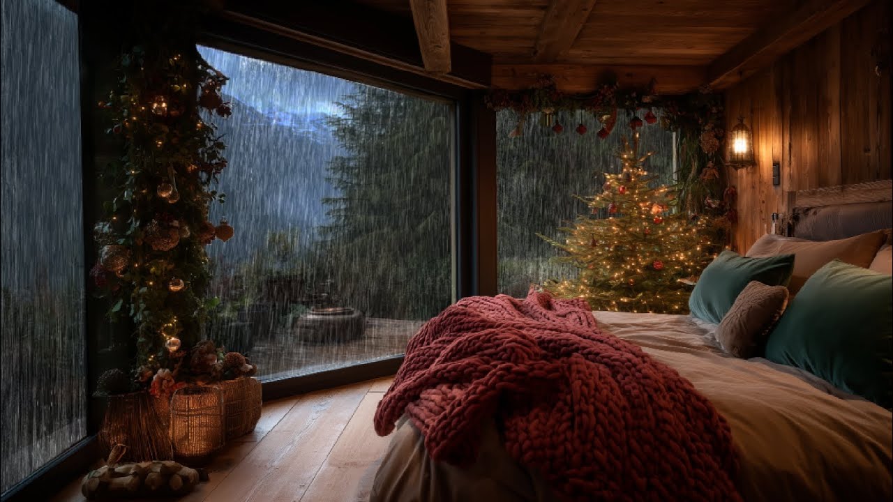 Дождливая рождественская ночь в горной хижине🌧️ | Глубокий сон и расслабляющая праздничная атмосфера