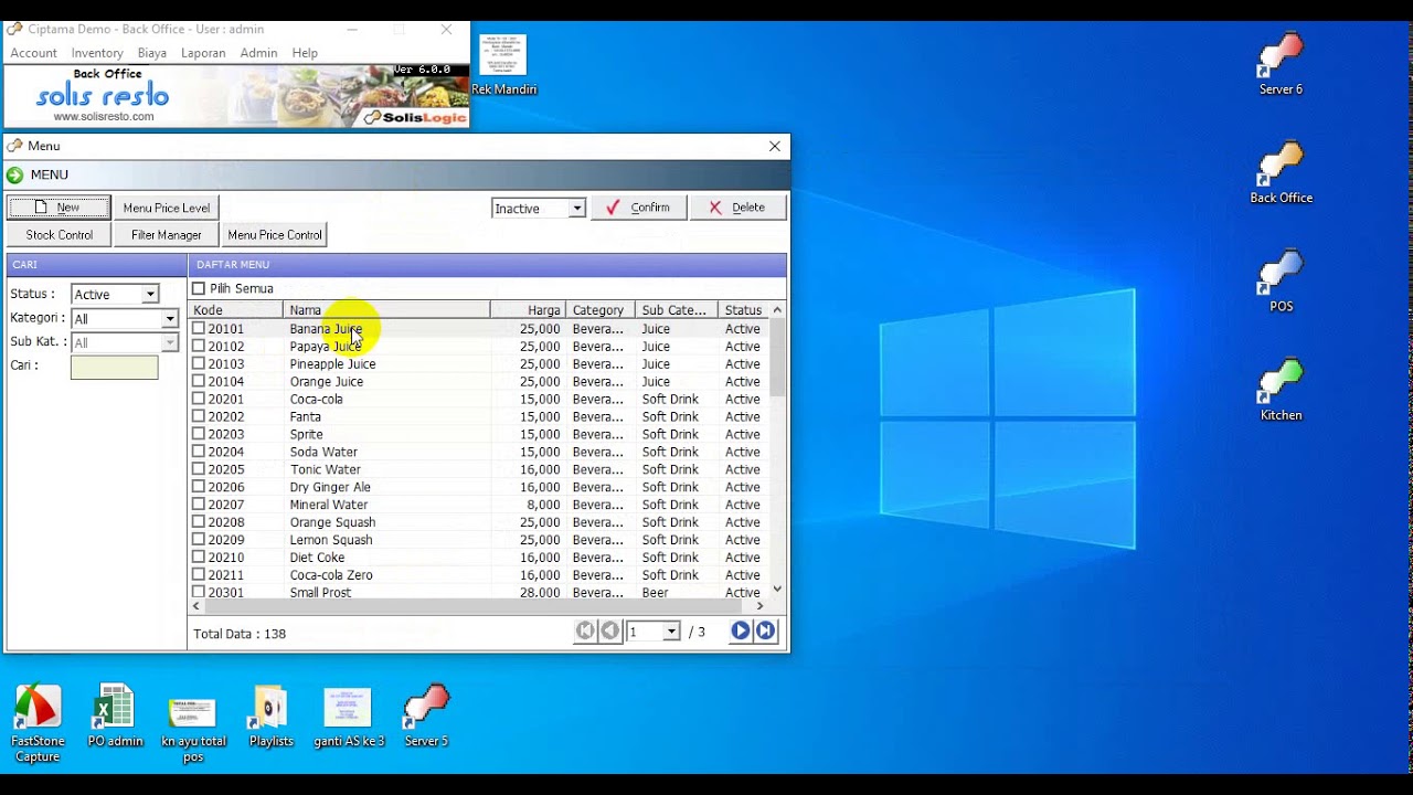 Input menu di Solis Resto