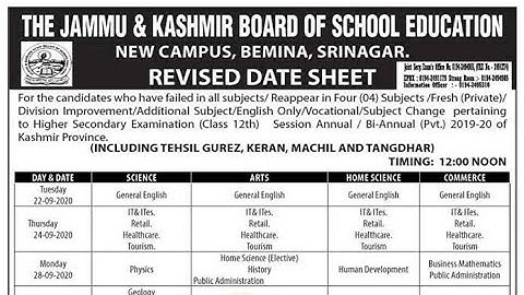 JKBOSE Class 12th  Private Revised Date Sheet, Kashmir Province.
