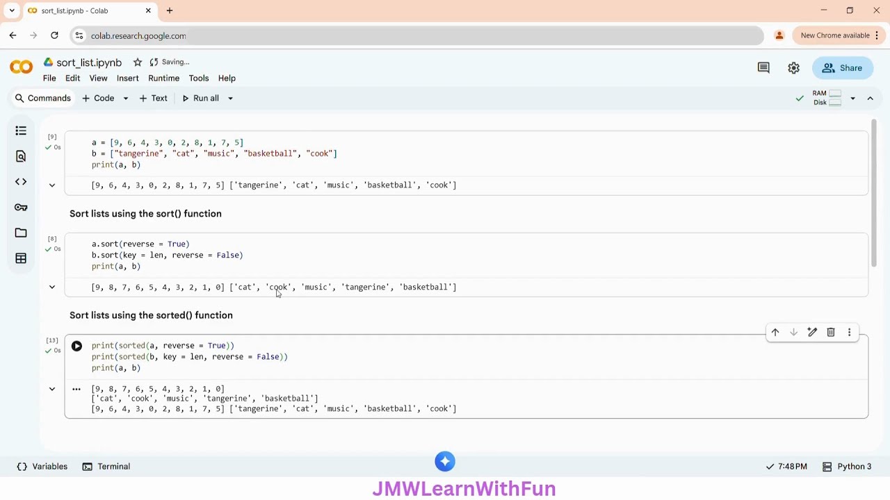 Sorted Colab Sort lists in Google Colab - YouTube