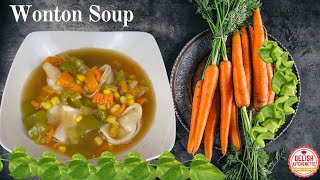 Vegetable Wonton Clear Soup Recipe | Veg wontons | Easy homemade wonton soup  @Delish Kitchenette