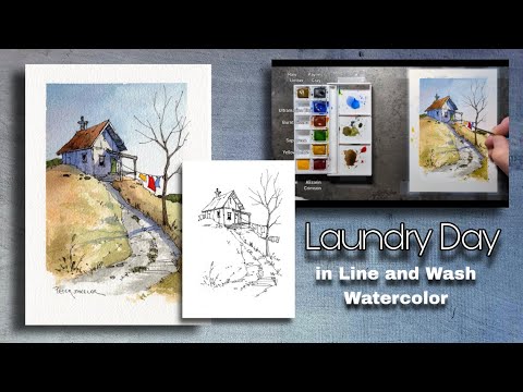 Line and Wash Watercolor of an hilltop Farmhouse and Laundry. Peter ...