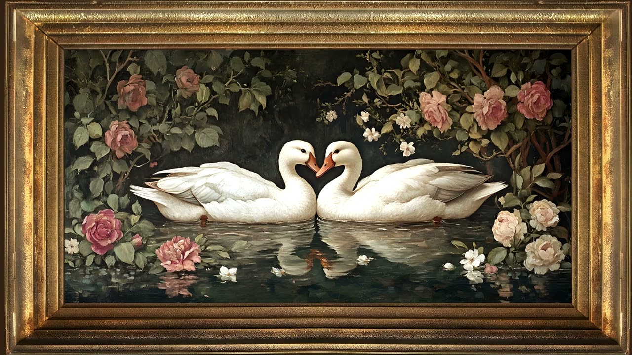 Valentine Love Ducks and Roses, Vintage Oil Painting | Framed Art Screensaver for TV