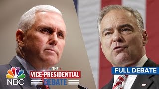 The Vice-Presidential Debate: Tim Kaine And Mike Pence (Full Debate) | NBC News(Subscribe to NBC News: http://nbcnews.to/SubscribeToNBC » Watch more NBC video: http://bit.ly/MoreNBCNews NBC News is a leading source of global news ..., 2016-10-05T03:09:51.000Z)