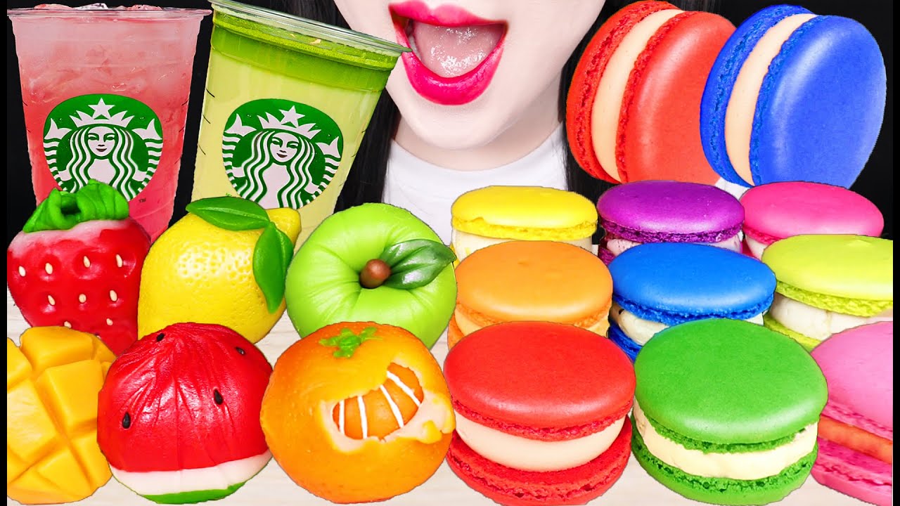 ASMR SWEET BEAN CAKE, RAINBOW MACARON 과일 화과자, 레인보우 마카롱 먹방 EATING SOUNDS