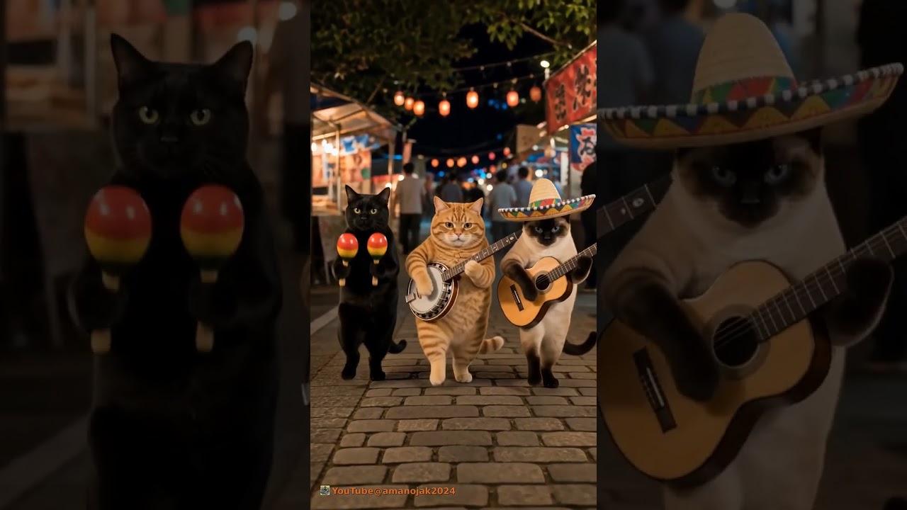 【AI猫】メキシカン猫バンドが夏祭りで大暴れ！射的・金魚すくい・屋台メシで爆笑ハチャメチャ狂宴🌮🎸🏮 チコ・パコ・クルス | amanojak [Runway / Seedance]