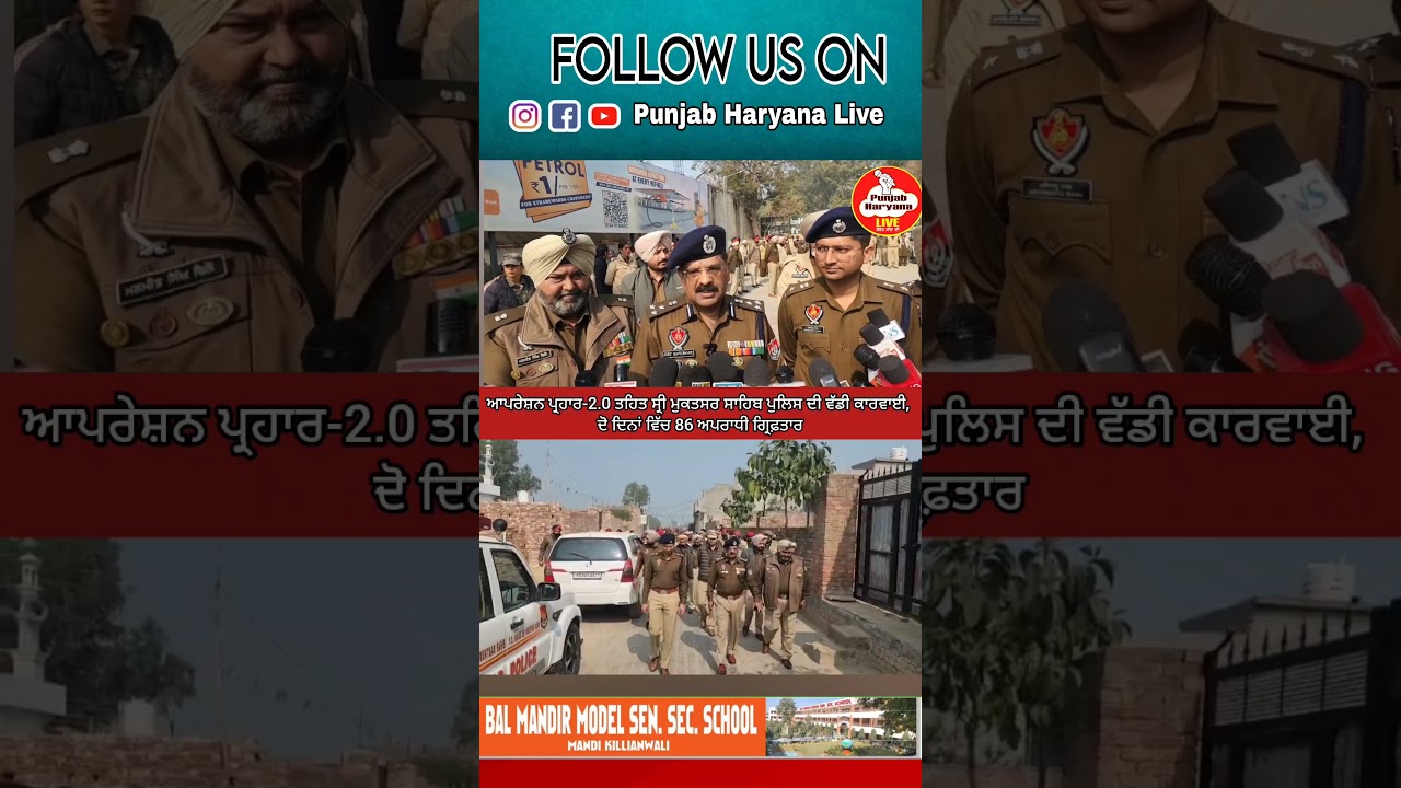ਆਪਰੇਸ਼ਨ ਪ੍ਰਹਾਰ-2.0 ਤਹਿਤ ਸ੍ਰੀ ਮੁਕਤਸਰ ਸਾਹਿਬ ਪੁਲਿਸ ਦੀ ਵੱਡੀ ਕਾਰਵਾਈ, ਦੋ ਦਿਨਾਂ ਵਿੱਚ 86 ਅਪਰਾਧੀ ਗ੍ਰਿਫ਼ਤਾਰ