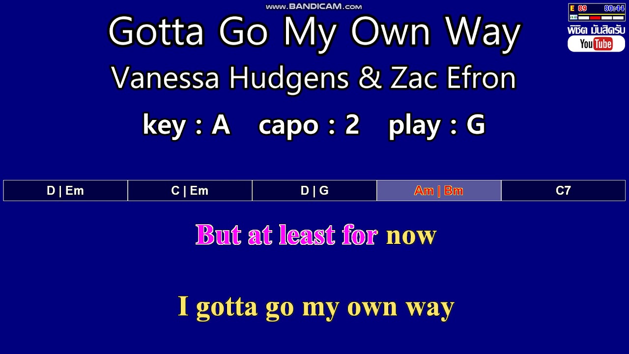 Gotta Go My Own Way - Vanessa Hudgens & Zac Efron (Karaoke & Easy Guitar Chords)  Key : A  Capo : 2