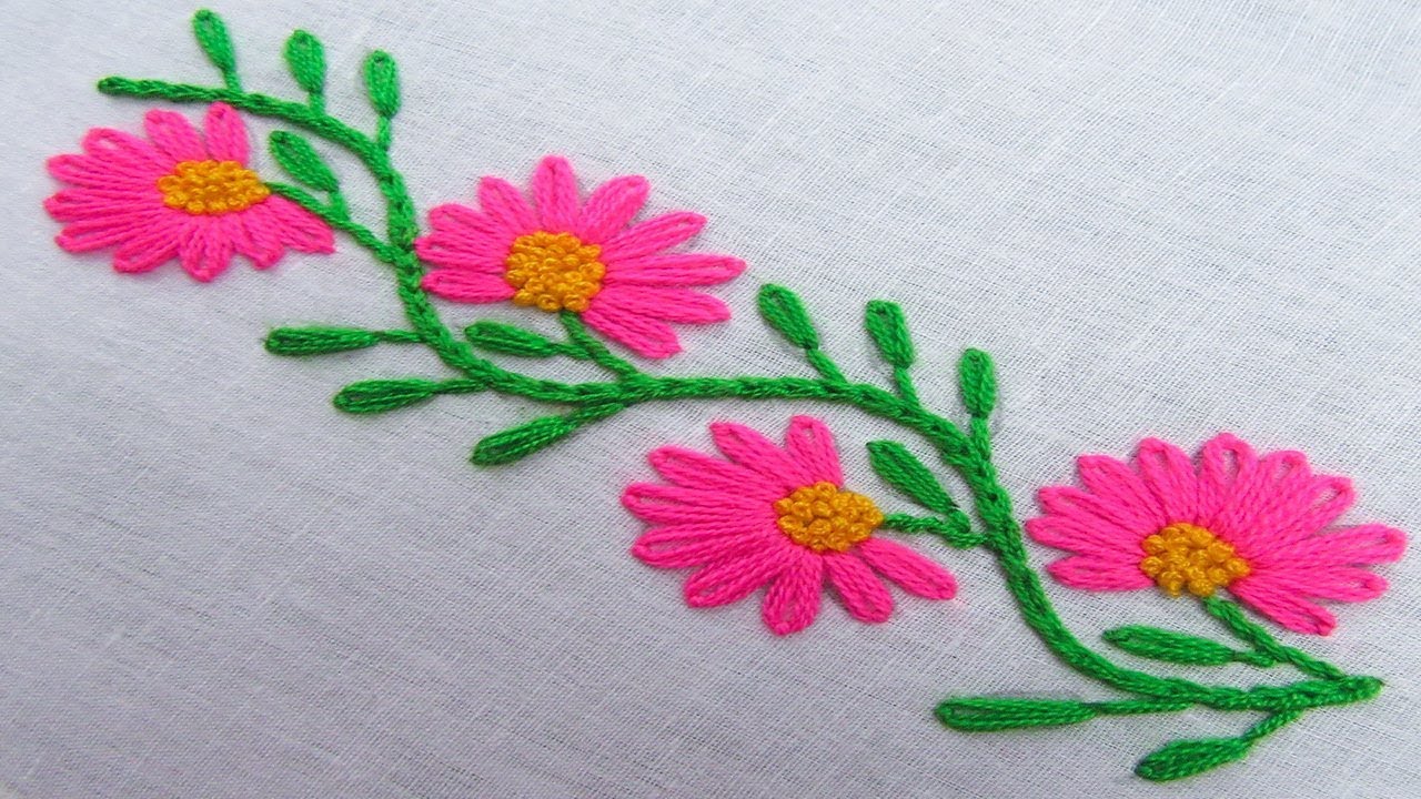 Hand Embroidery, Easy Flower Border Line Embroidery Design