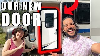 RV Door installed on a ford E450 shuttle bus | BUS CONVERSION