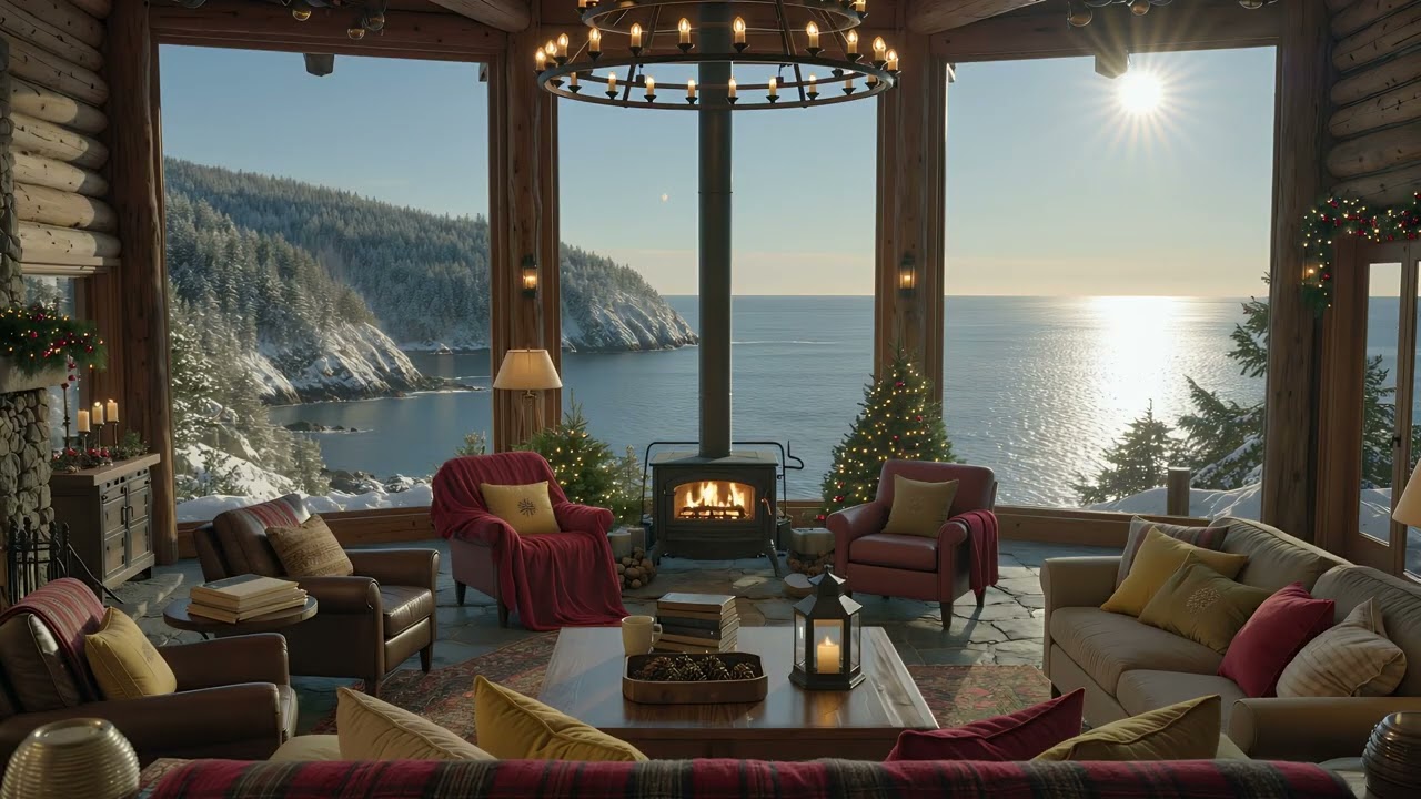 Cozy Coastal Winter Cabin Fireplace Ambience 🔥🌊 | Sunlit Ocean Views and Fire Sounds for Relaxation