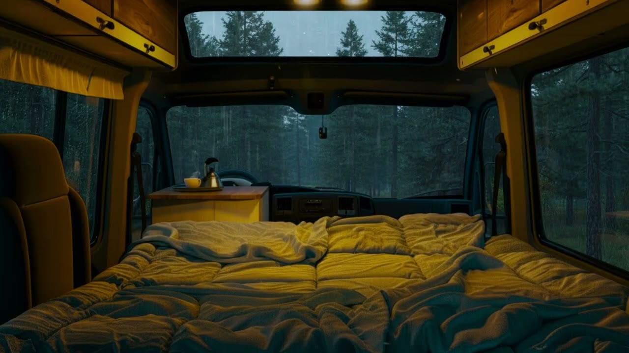 Rain Sounds in a Forest Van at Night for Instant Sleep, Relaxation and Calm Mind