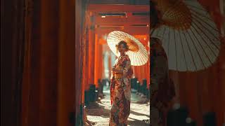 Lanterns of the Silent Passage, digital illustration, 2026, #shrine #kimono #umbrella #solitude