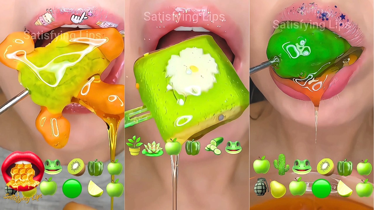 Satisfying ASMR Eating Emoji Food Challenge Green Compilation Mukbang
