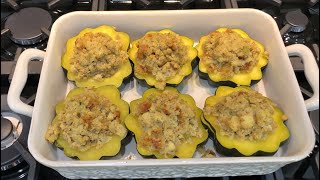 Thanksgiving 🦃 Side Dish - Acorn Squash Stuffed With Cornbread Dressing 😋