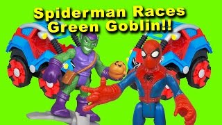 Spiderman races green goblin in his duplicate spider buggy playskool imaginext toys