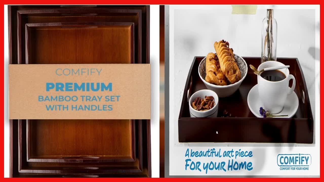 Bamboo Serving Trays with Handles – Set of 3 Bamboo Trays That Nest – Large