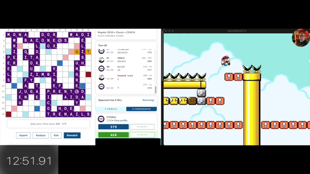 SMW kaizo 100% speedrun of Quickie World while beating Woogles STEEBot at Scrabble. 19m20s