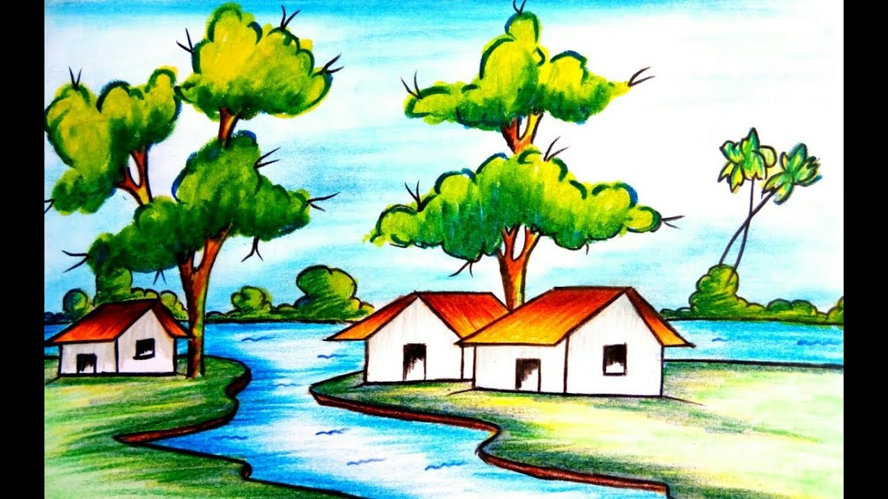 Village Simple Beautiful Easy Scenery Drawing / How to draw simple