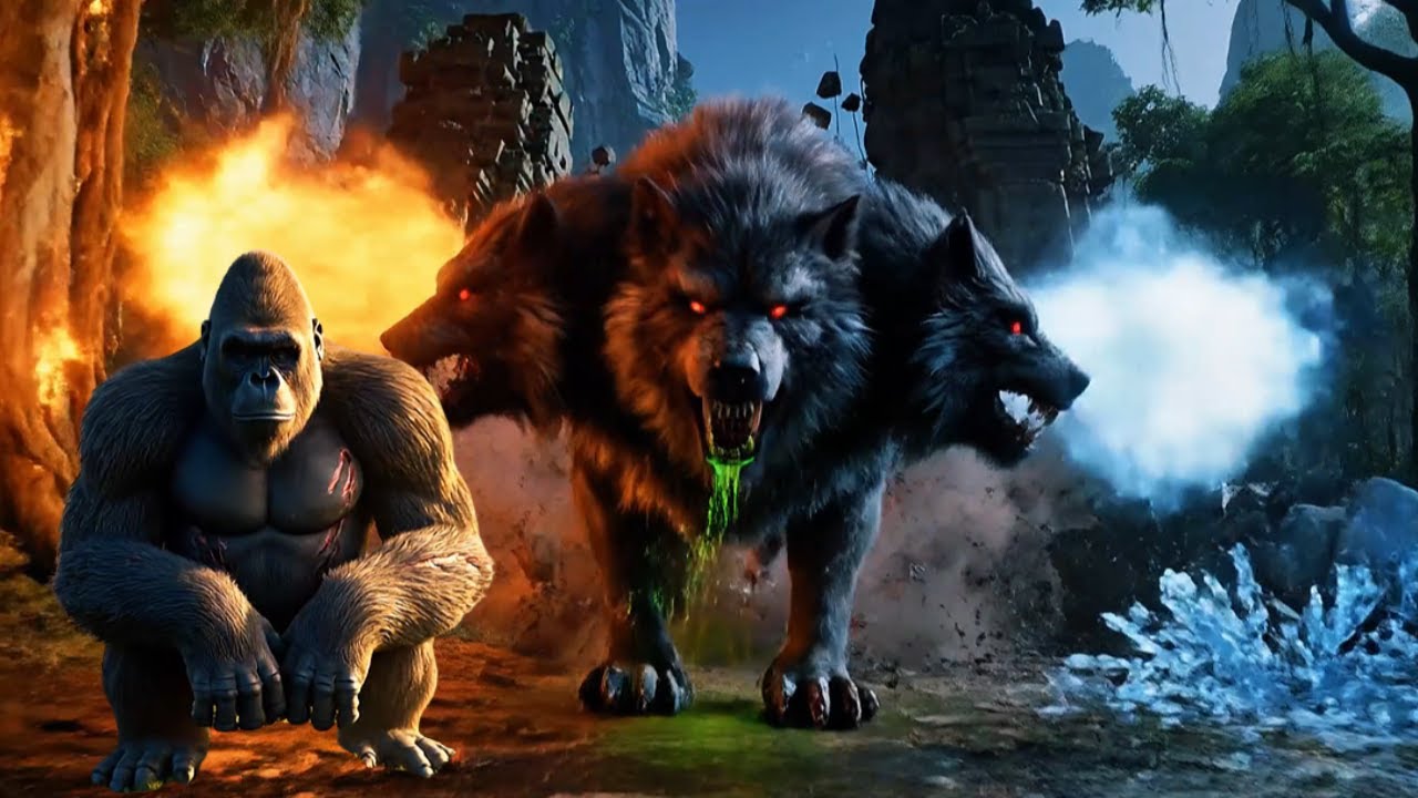 King Kong vs Giant Three-Headed Wolf | Epic Survival Battle to Save the Jungle –4K”