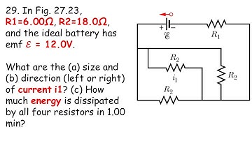 In Fig. 27.23, R1=6.00Ω, R2=18.0Ω, and the ideal battery has emf ℰ = 12.0V. What are the (a) size