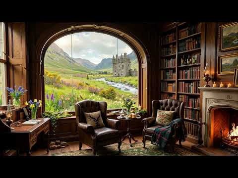 Scotland Library Ambience Sleep Music | Cozy Den, Highlands Castle View & Celtic Folk for Relaxing