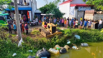 nicely work full project landfill remove ! truck unloading with bulldozer komatsu d20p push soil