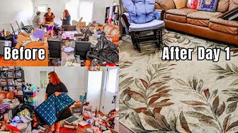 RECENTLY DISABLED AND UP TO HER KNEES HOARDER CLEANING TRANSFORMATION DAY 1