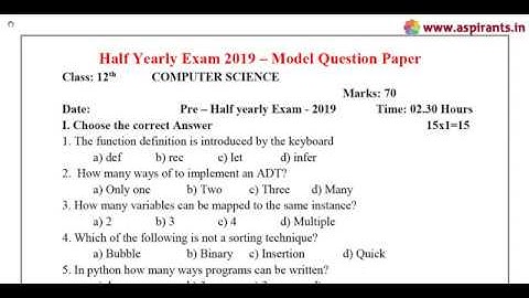 12th Computer Science Half Yearly 2019-20 Model Question Paper-2 | Salem District | English Medium