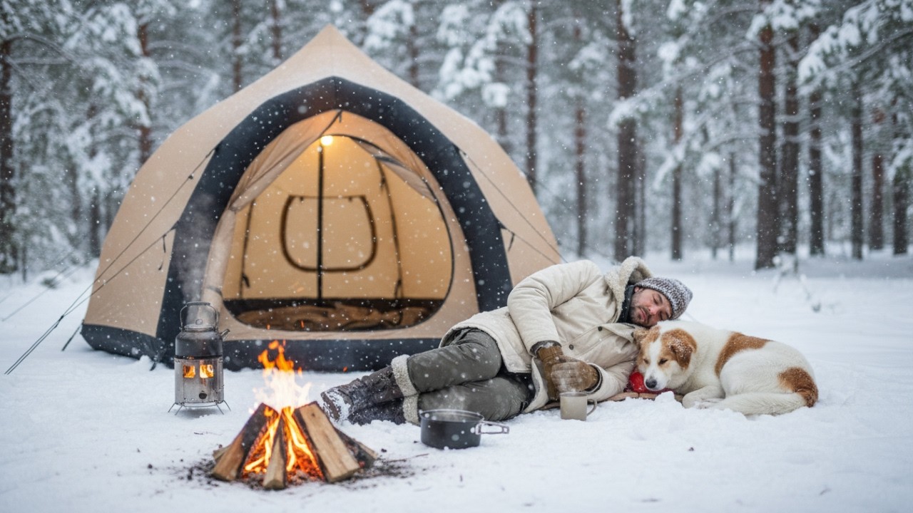 Silent Snow Forest Camping with My Dog · Bell Inflatable Hot Tent · Stove Warmth ASMR