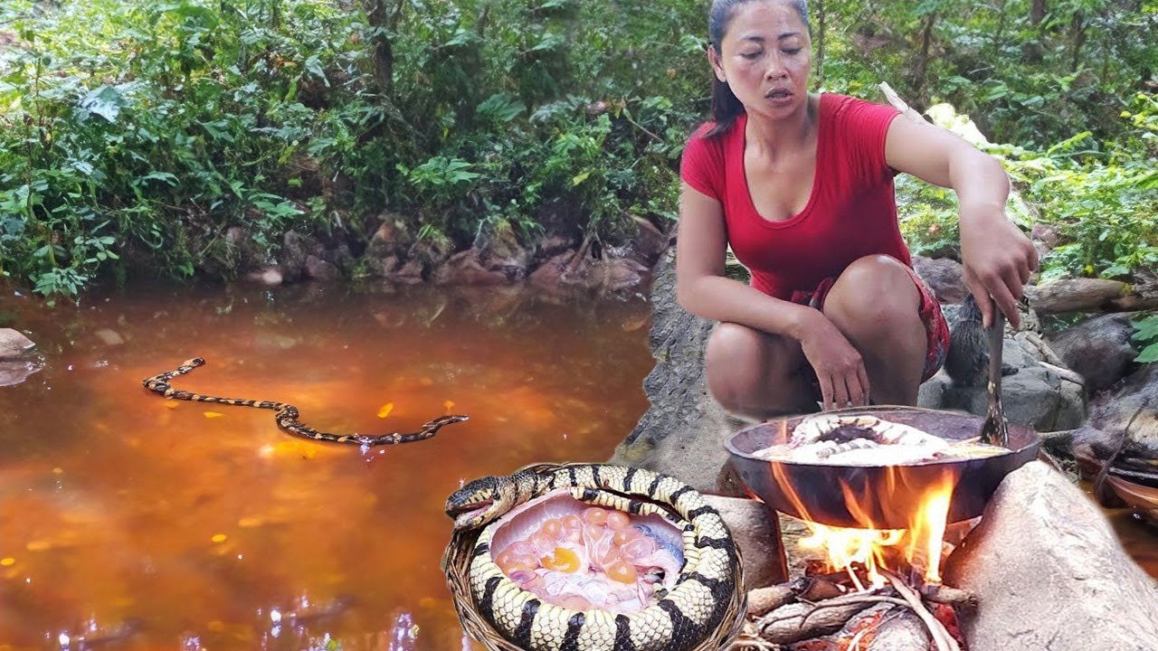Cooking and catch snake, shellfish, and large fish to eat ...