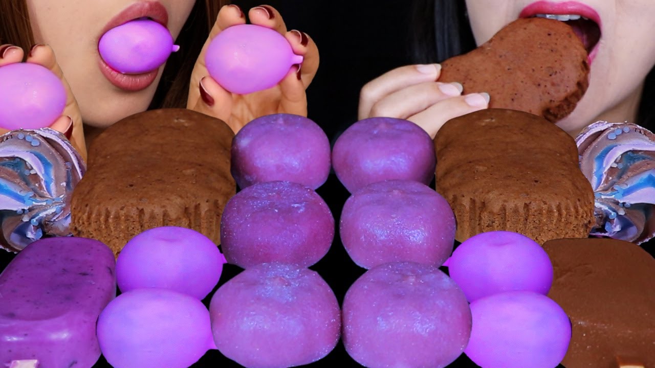 ASMR PURPLE CHOCOLATE EGG CAKES, BIG CHOCOLATE CHIP CASTELLA, PURPLE